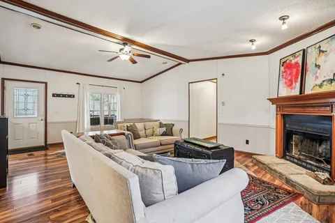 a living room with furniture ceiling fan and a rug
