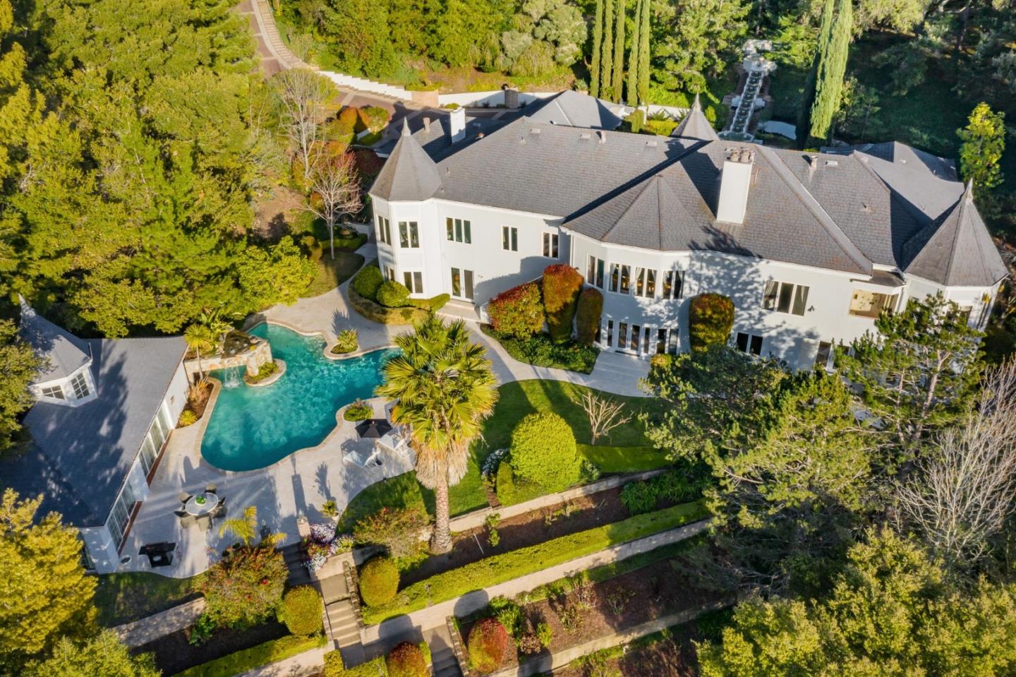 97 Ridge View Drive Atherton, CA 94027 - Photo 41 of 43 an aerial view of a house with a yard basket ball court and outdoor seating