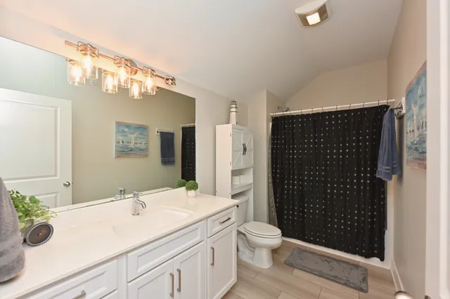 a bathroom with a sink a toilet a shower and a mirror