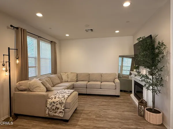 a living room with furniture potted plant and a fireplace