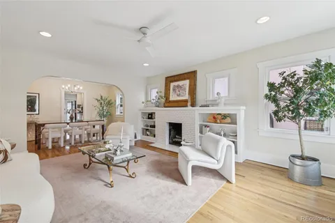 a living room with furniture a fireplace and a potted plant