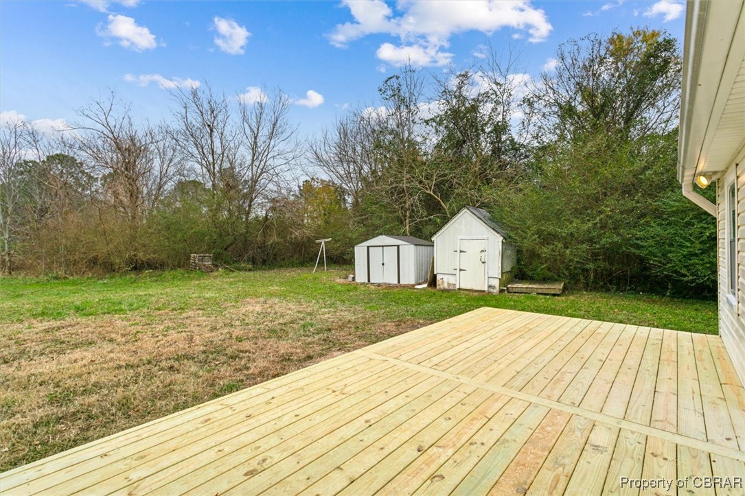 10370 Maryus Road Hayes, VA 23072 - Photo 24 of 35 Wooden deck featuring a lawn and a shed