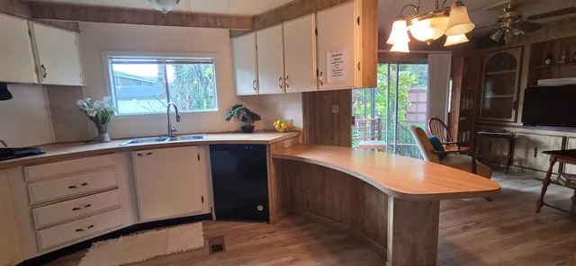 a kitchen with a sink a window and cabinets
