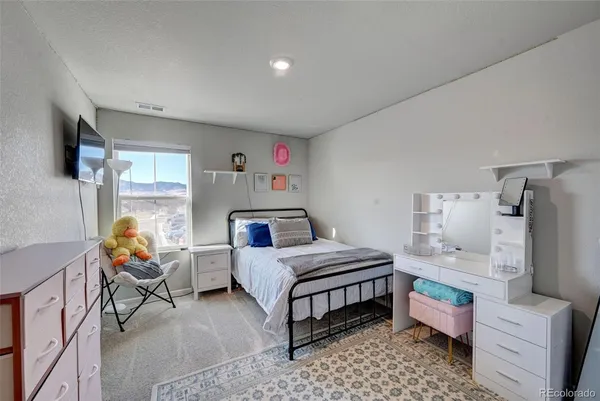a bedroom with a bed and a couch