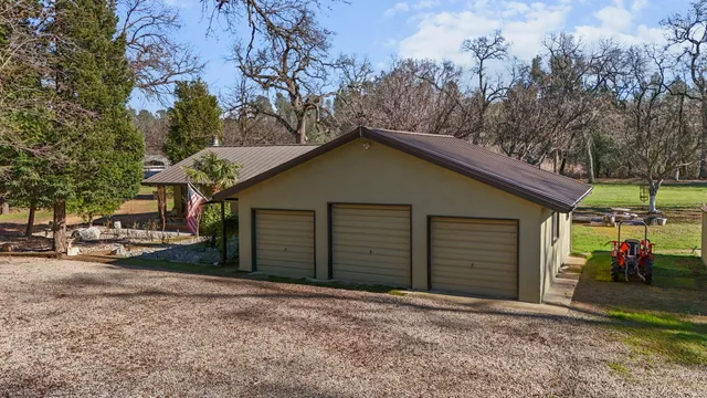 a view of a park with large trees