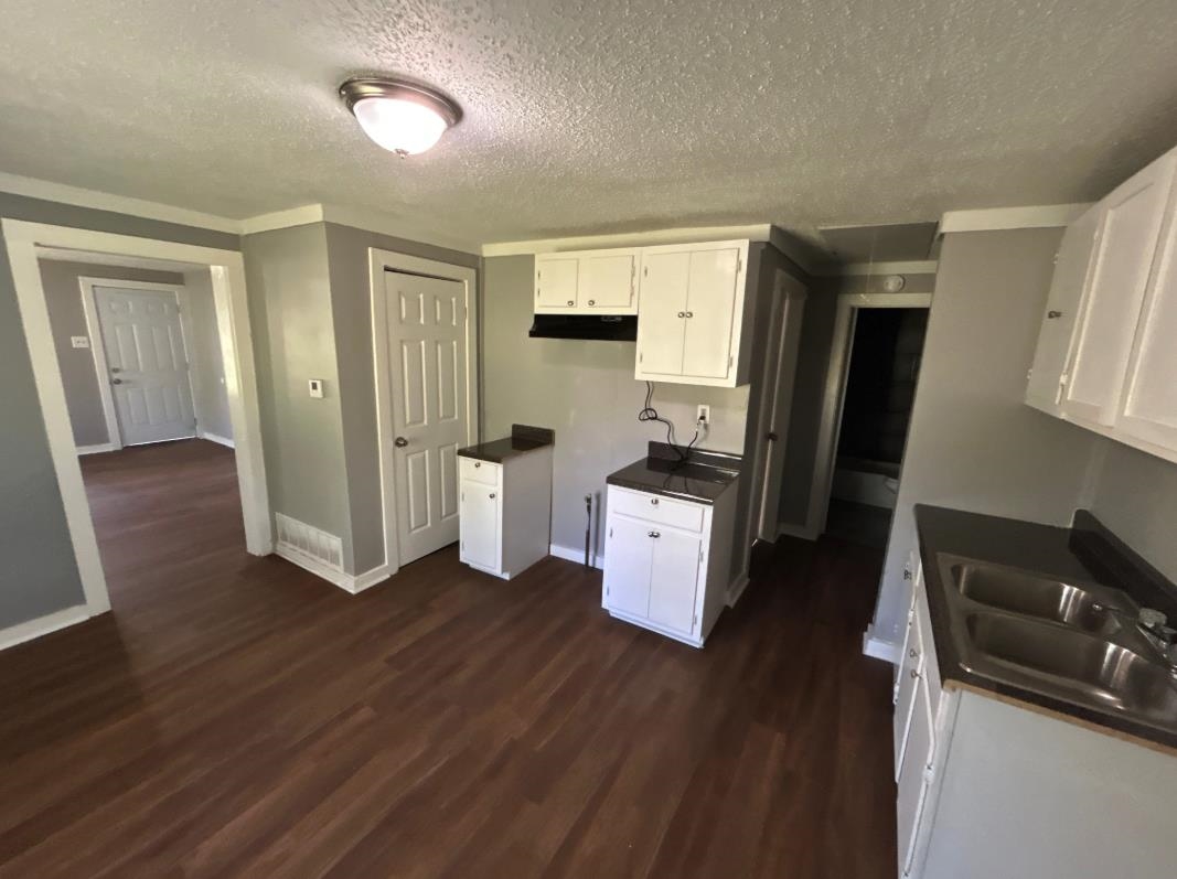 3447 Cook Road Memphis, TN 38109 - Photo 6 of 7 Kitchen featuring a textured ceiling, dark countertops, dark wood-style flooring, and white cabinets