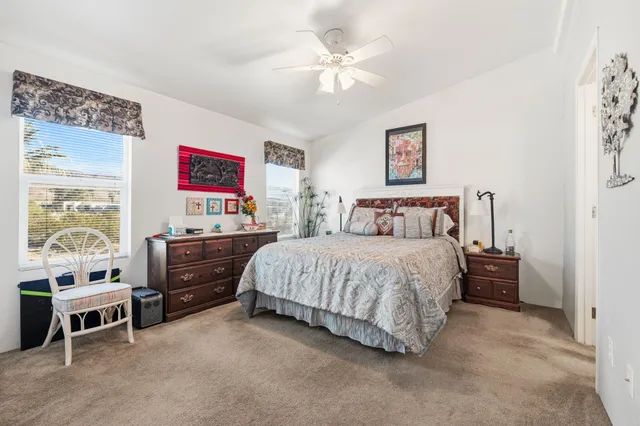 a bedroom with a bed and a desk