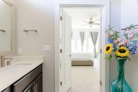 a bathroom with a sink vanity and a mirror