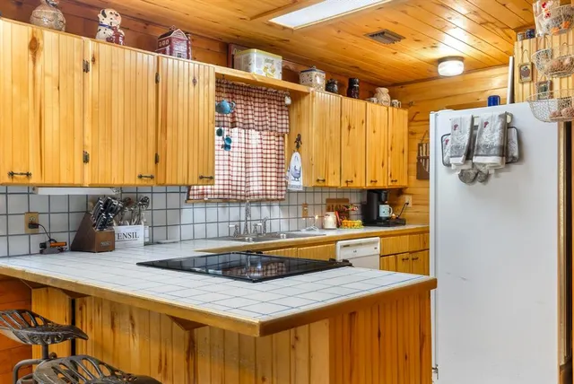 a kitchen with a sink a counter and a refrigerator