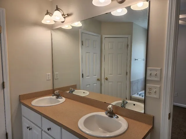 a bathroom with a sink a light fixture and a mirror