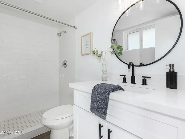a bathroom with a granite countertop sink a toilet and a mirror