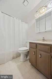 a bathroom with a toilet sink vanity and mirror