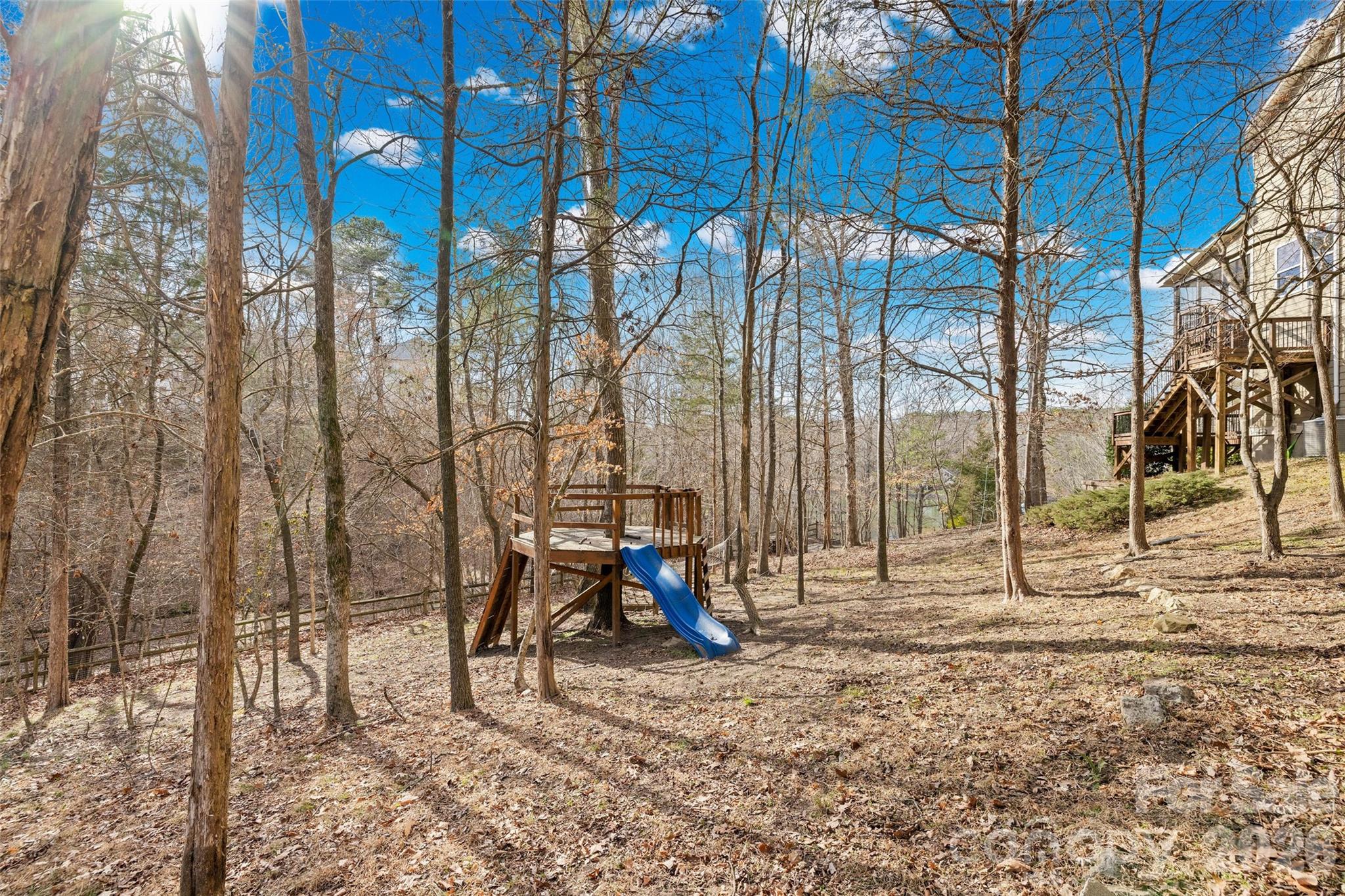 12039 Spinnaker Drive Tega Cay, SC 29708 - Photo 44 of 48 a view of tall trees with a bench