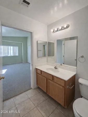 a bathroom with a sink a toilet and mirror