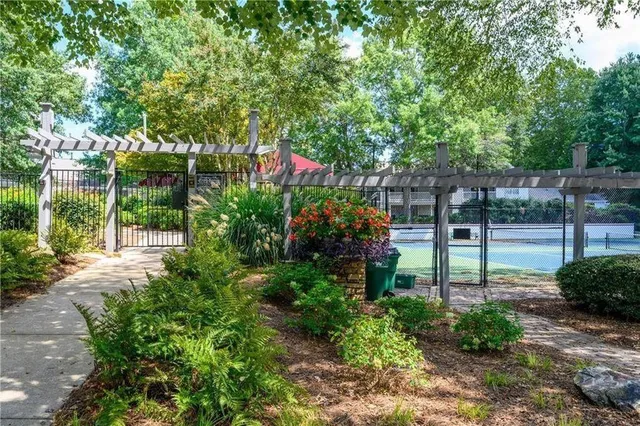a view of a yard with plants and trees