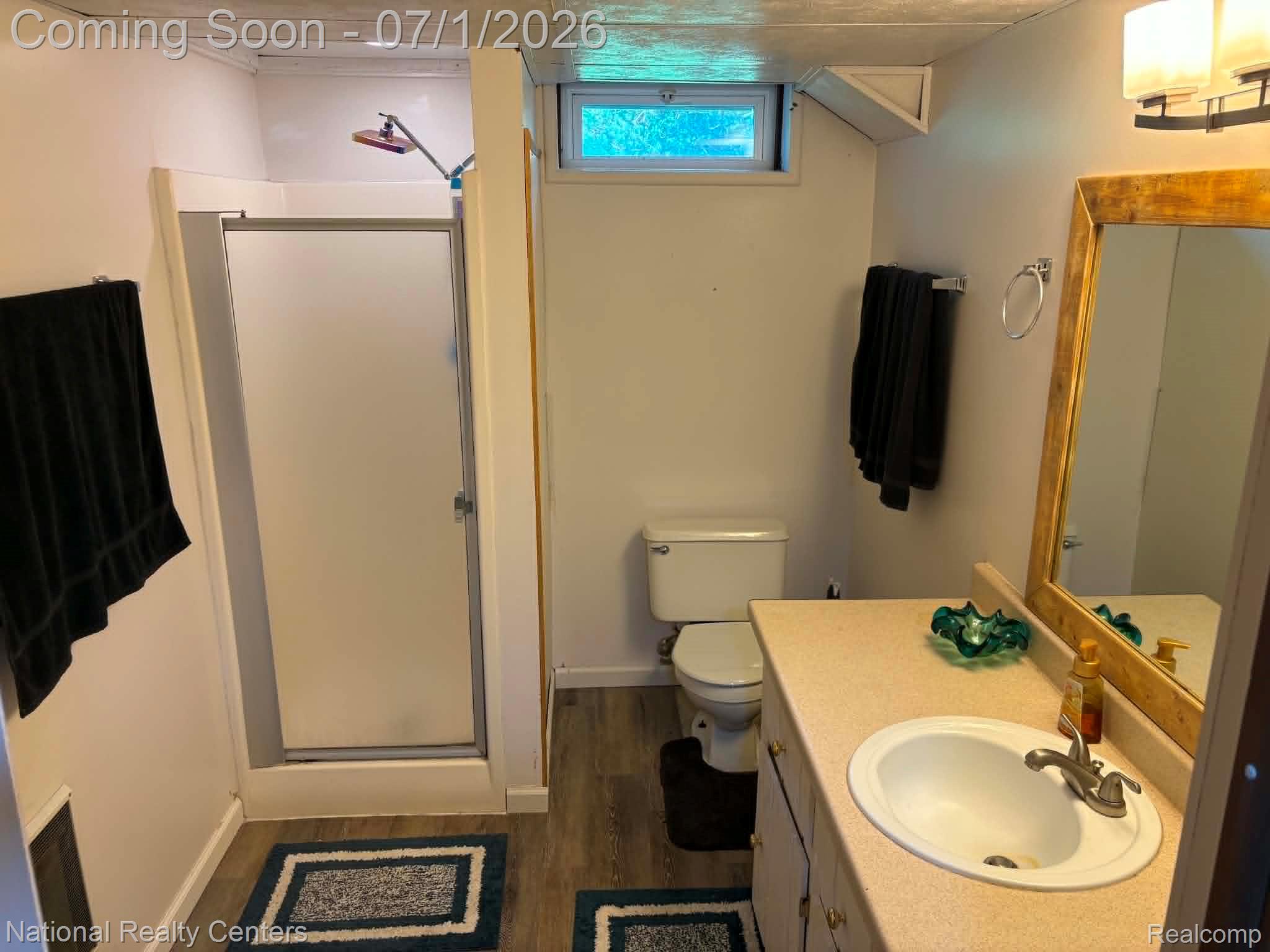 1330 Brauer Road Oxford, MI 48371 - Photo 53 of 54 Full bathroom featuring a walk-in shower with a frosted glass enclosure, a white toilet, and a vanity with an integrated sink and light-toned countertop