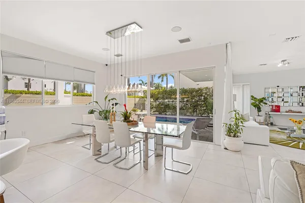 a view of a dinning room with a table and chairs