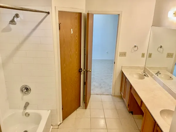 a bathroom with a tub sink and mirror