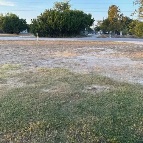a view of a field with trees in the background