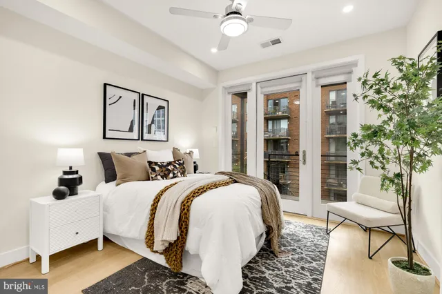 a bedroom with a large bed and a potted plant