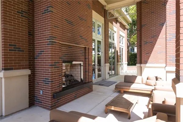 a building outdoor space with patio furniture