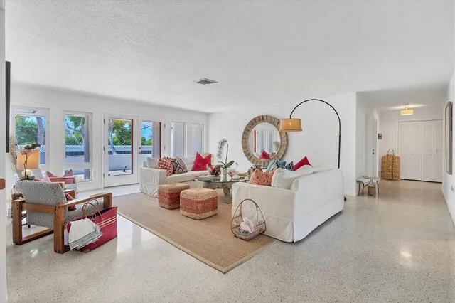 a living room with furniture a rug potted plant and a large window
