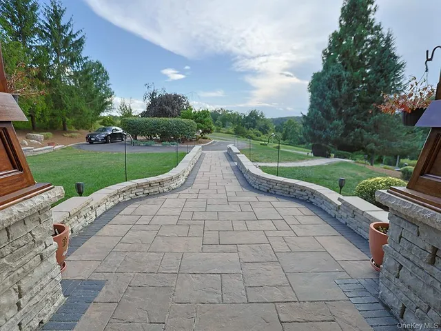 a view of a park with large trees