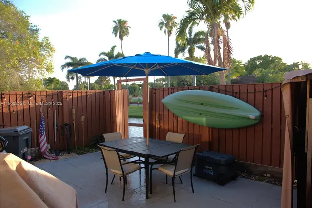 a backyard of a house with table and chairs