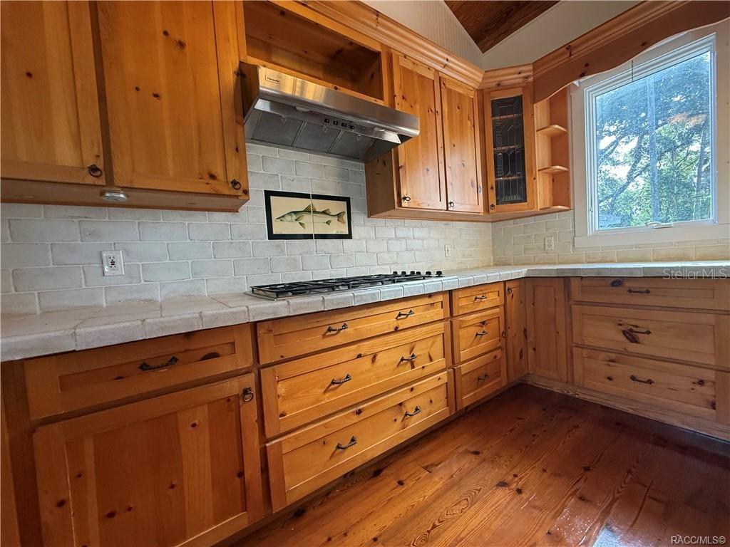 5217 Riverside Drive Yankeetown, FL 34498 - Photo 37 of 54 a kitchen with granite countertop cabinets stainless steel appliances wooden floor and a window