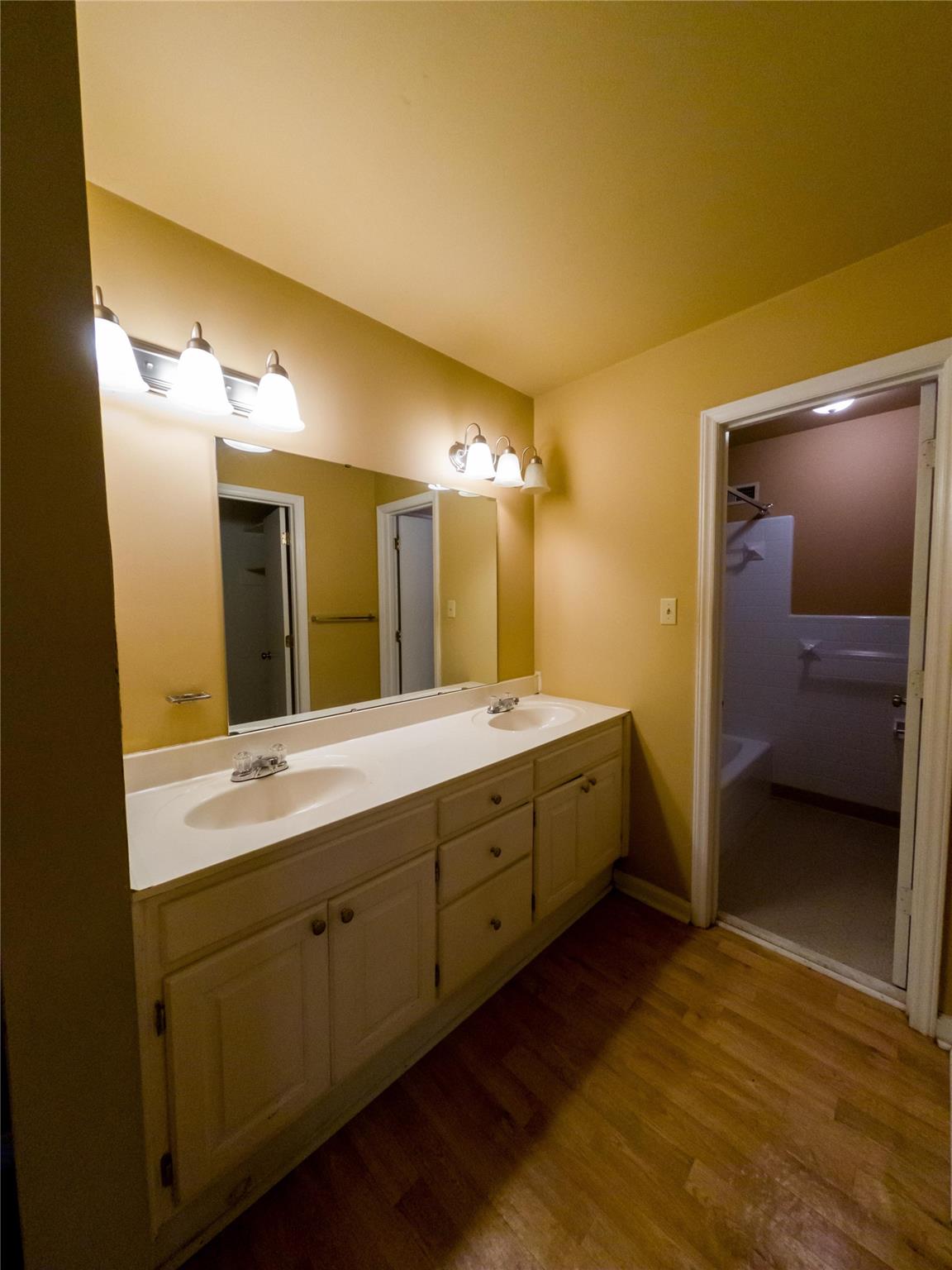 4910 Lakeview Road Charlotte, NC 28216 - Photo 20 of 26 a spacious bathroom with a double vanity sink and a mirror