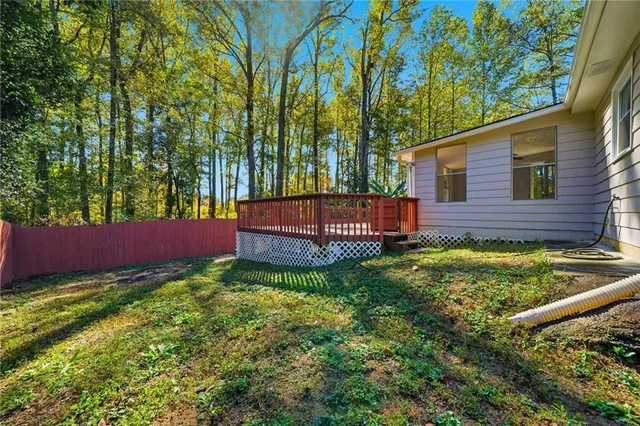 a view of a backyard with plants and large trees