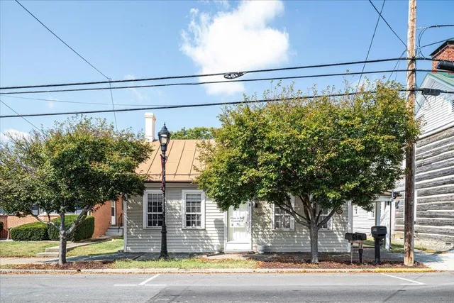 a front view of a house with a road and plants