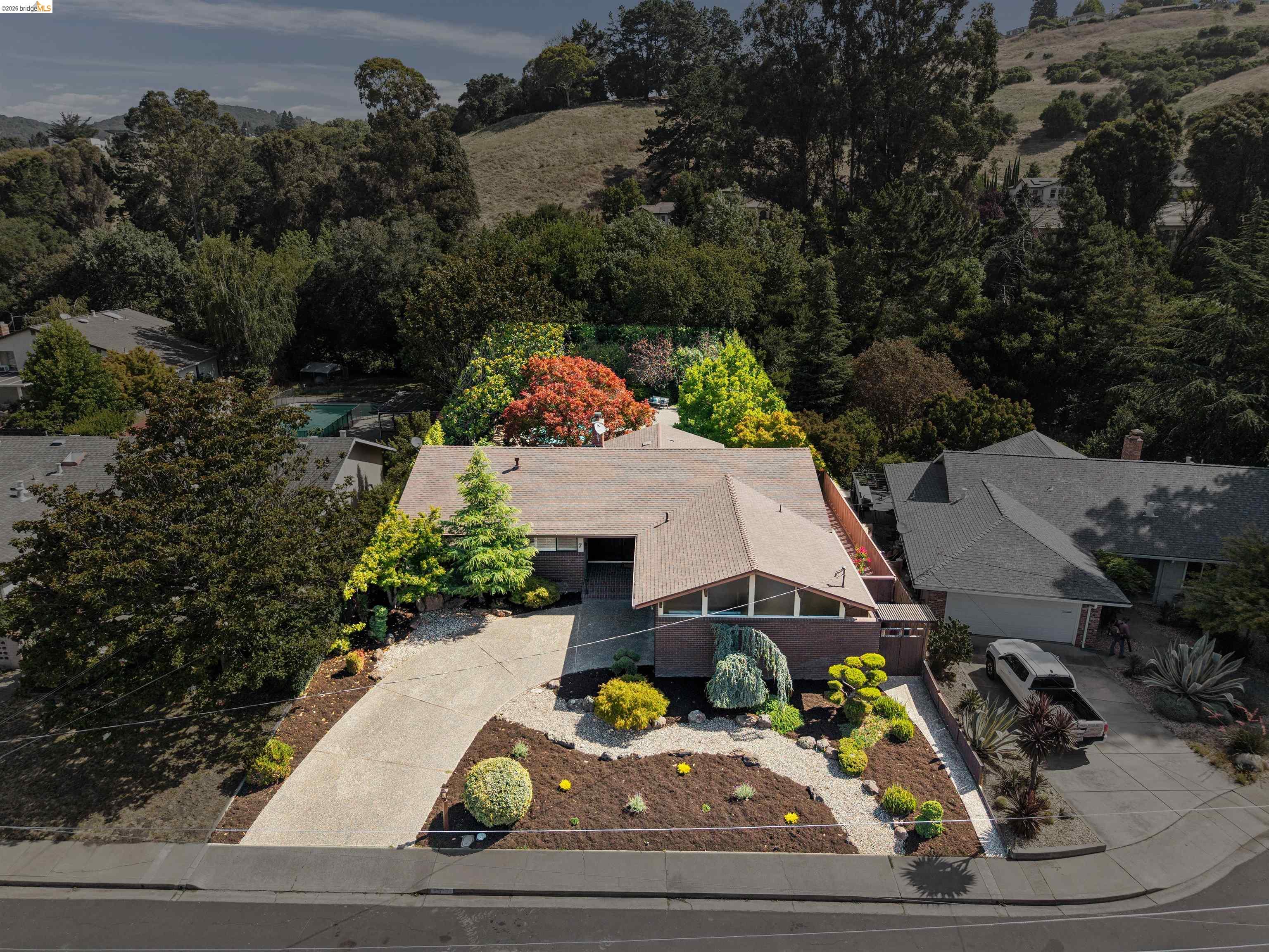 7 Jo Lin Court El Sobrante, CA 94803 - Photo 2 of 99 Mid-century modern residence featuring a pitched roof, a concrete driveway, and a front yard with decorative rocks and varied foliage