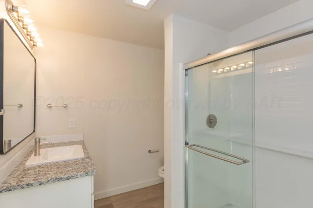 a bathroom with a granite countertop shower and a sink