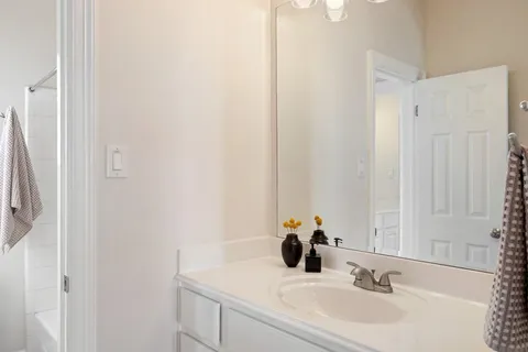 a bathroom with a sink a mirror and a shower