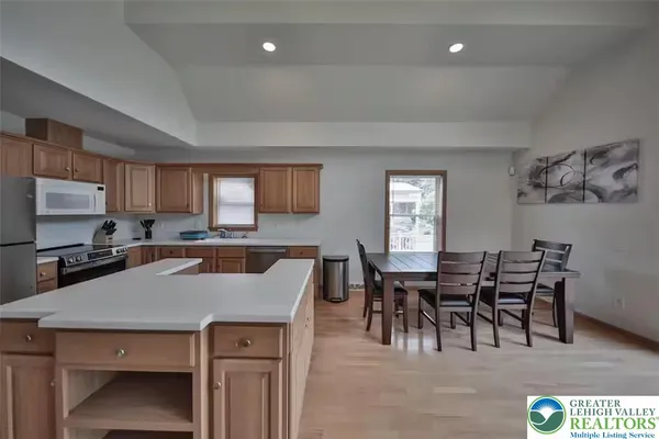a view of a dining room with furniture