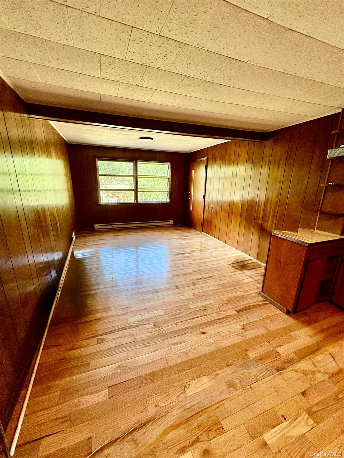 476 Old Rte 17 Livingston Manor, NY 12758 - Photo 9 of 39 Unfurnished room featuring light wood-style flooring, wood walls, and baseboard heating
