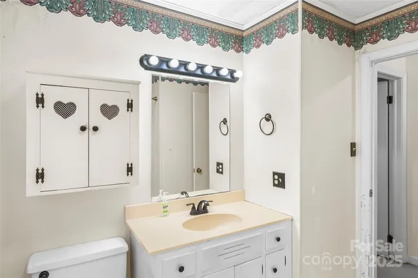 a bathroom with a sink mirror vanity and toilet