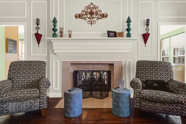 a living room with furniture and a table
