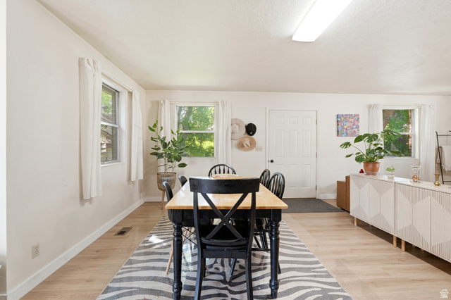270 East 700 North Logan, UT 84321 - Photo 4 of 42 Bright dining area featuring light wood-finish flooring, multiple windows, a white paneled door, and a geometric pattern console table
