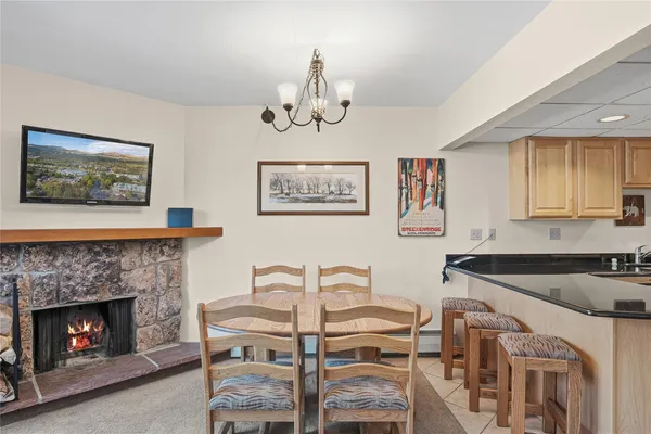 a view of a dining room with furniture and a fireplace