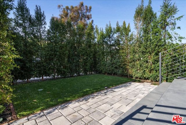 a view of a yard with plants and a bench
