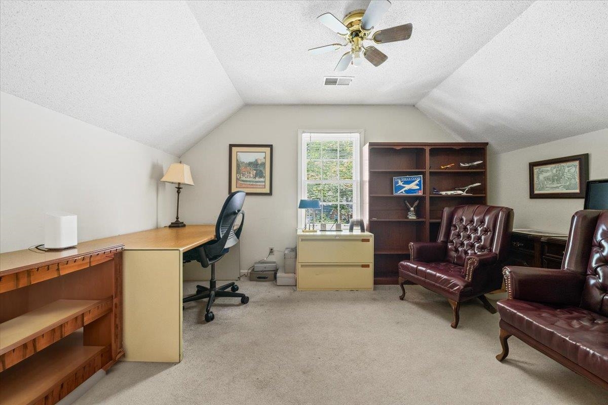 1880 Newfields Road Germantown, TN 38139 - Photo 29 of 34 Office featuring vaulted ceiling, light colored carpet, a textured ceiling, and a ceiling fan