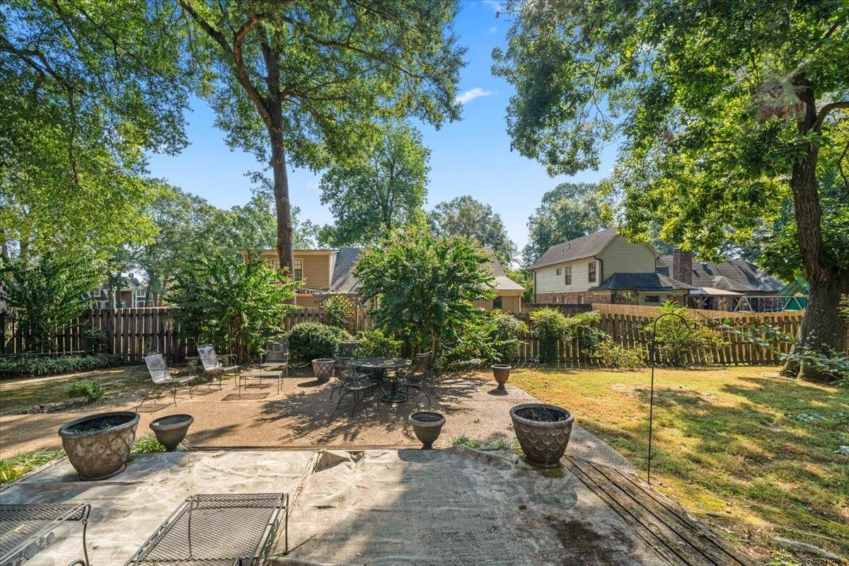 Fenced backyard featuring a patio and outdoor dining space