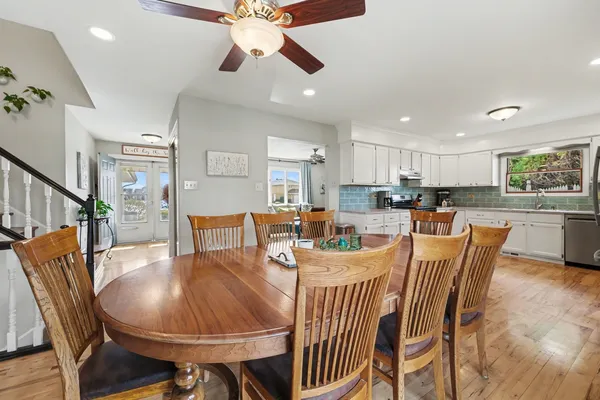a view of a dining room with furniture