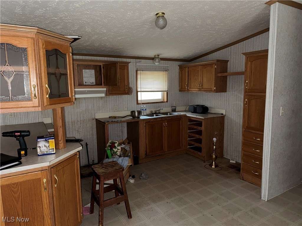 3690 Anderson Anthony Road Leavittsburg, OH 44430 - Photo 7 of 18 Kitchen with brown cabinets, ornamental molding, light countertops, a textured ceiling, and light floors