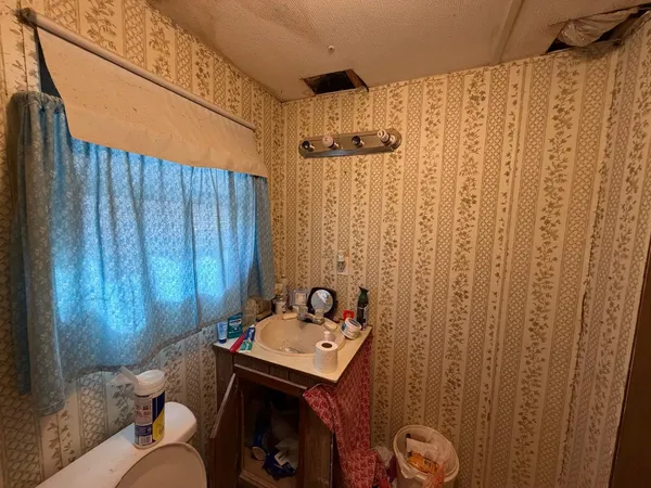 a bathroom with a sink toilet and shower curtain