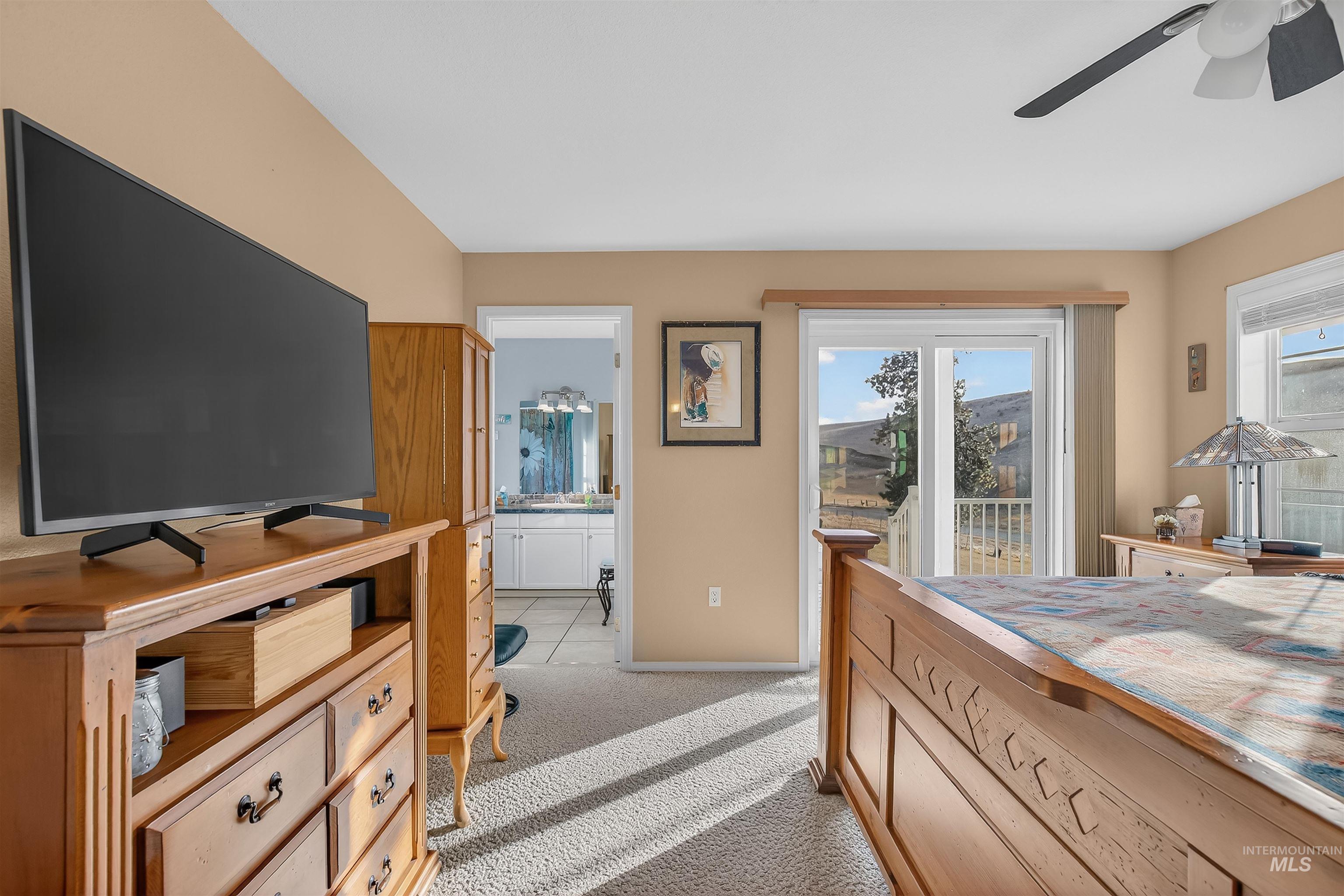 108 Tweedy Lane Kooskia, ID 83539 - Photo 31 of 48 Bedroom with multiple windows, light colored carpet, a ceiling fan, and access to outside