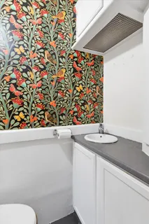 a bathroom with a sink and vanity
