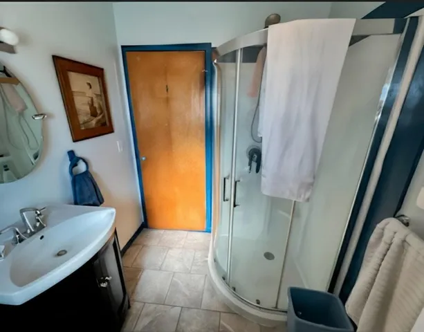 a bathroom with a sink a mirror and shower